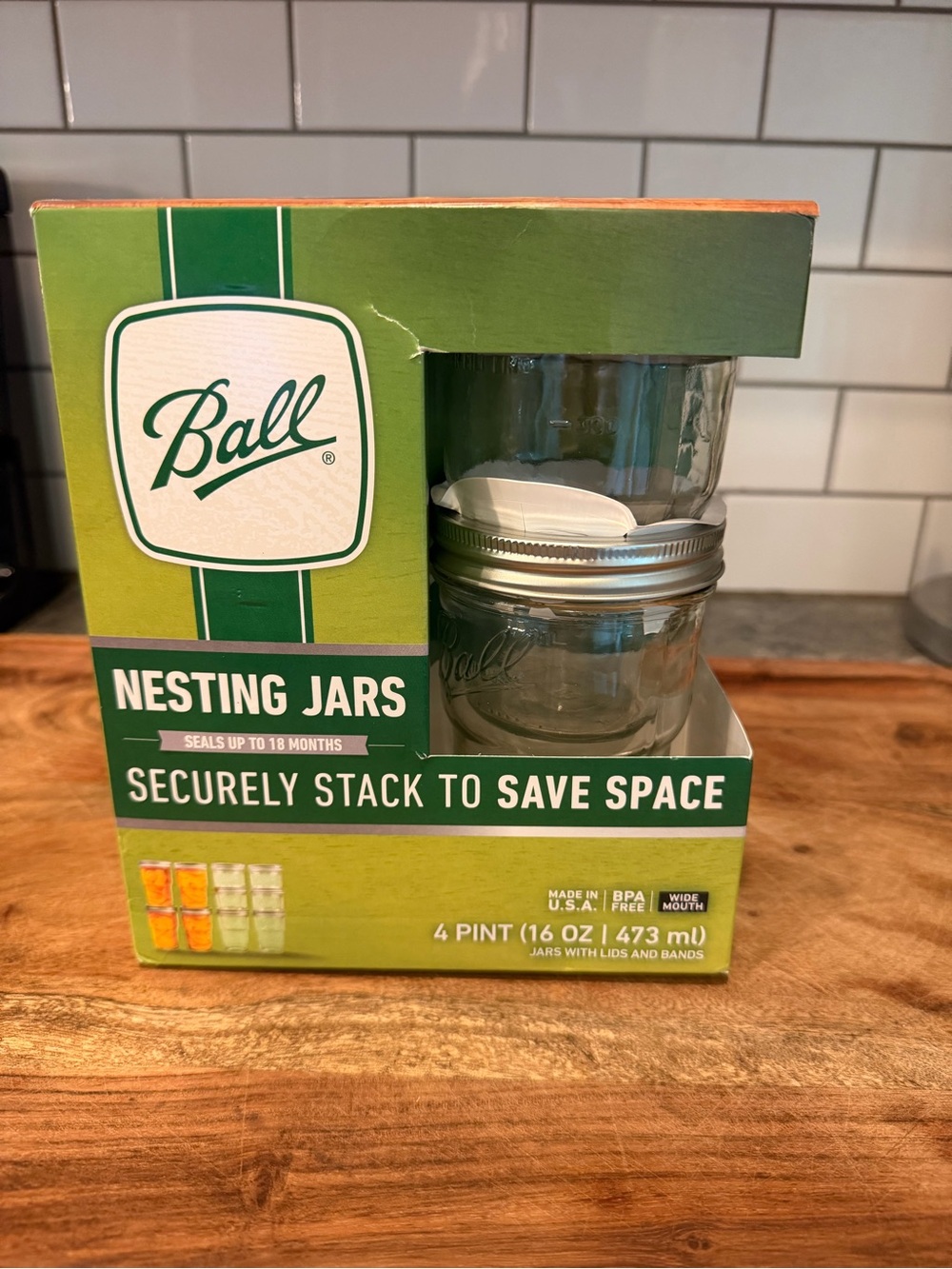 New - Set of 4 Nesting Stacking Wide Mouth Ball Jars - 16 oz (4 pints)